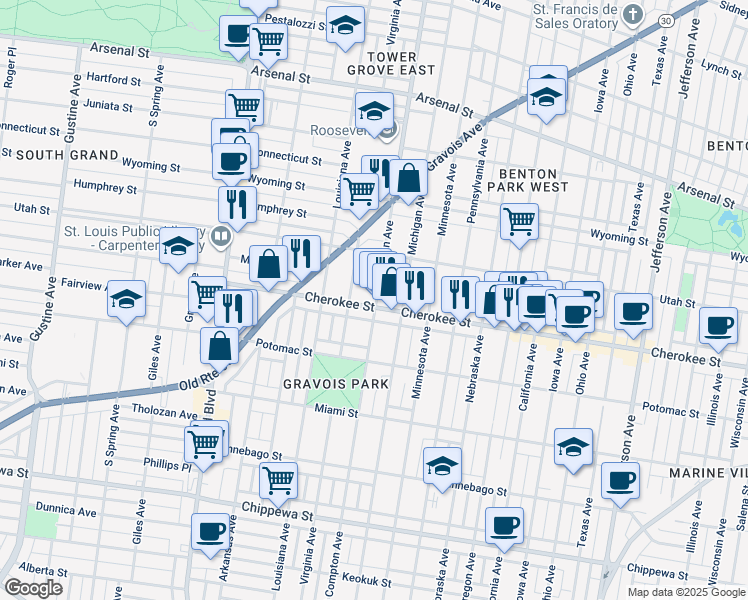 map of restaurants, bars, coffee shops, grocery stores, and more near 3201 Cherokee Street in St. Louis