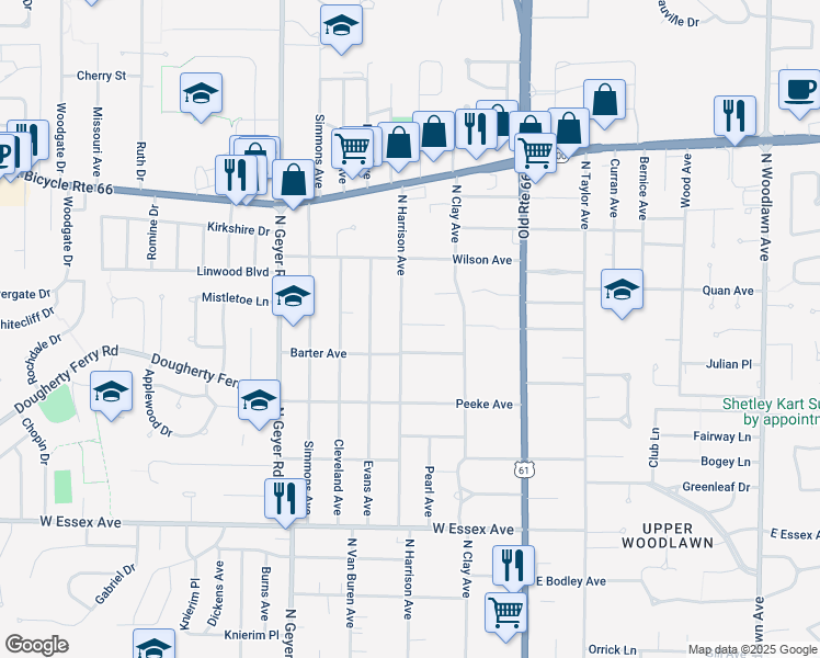 map of restaurants, bars, coffee shops, grocery stores, and more near 912 North Harrison Avenue in Kirkwood