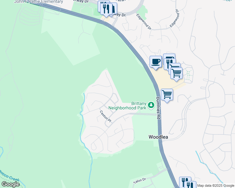 map of restaurants, bars, coffee shops, grocery stores, and more near 4228 Kersey Circle in Dumfries