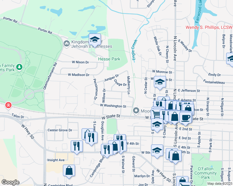 map of restaurants, bars, coffee shops, grocery stores, and more near 605 West Jefferson Street in O'Fallon