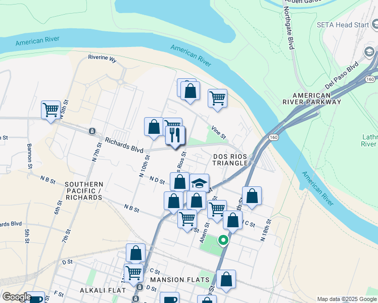 map of restaurants, bars, coffee shops, grocery stores, and more near 1200 Richards Boulevard in Sacramento