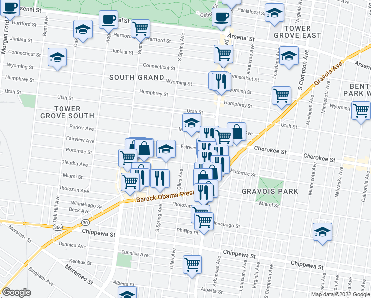 map of restaurants, bars, coffee shops, grocery stores, and more near 3660 Fairview Avenue in St. Louis