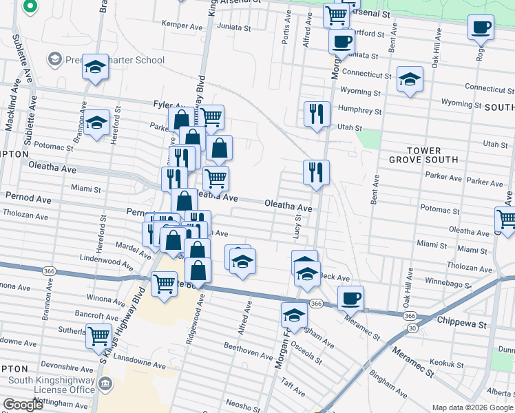map of restaurants, bars, coffee shops, grocery stores, and more near 4446 Oleatha Avenue in St. Louis