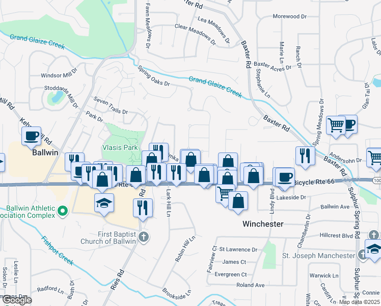 map of restaurants, bars, coffee shops, grocery stores, and more near 154 Hickory Tree Court in Ballwin