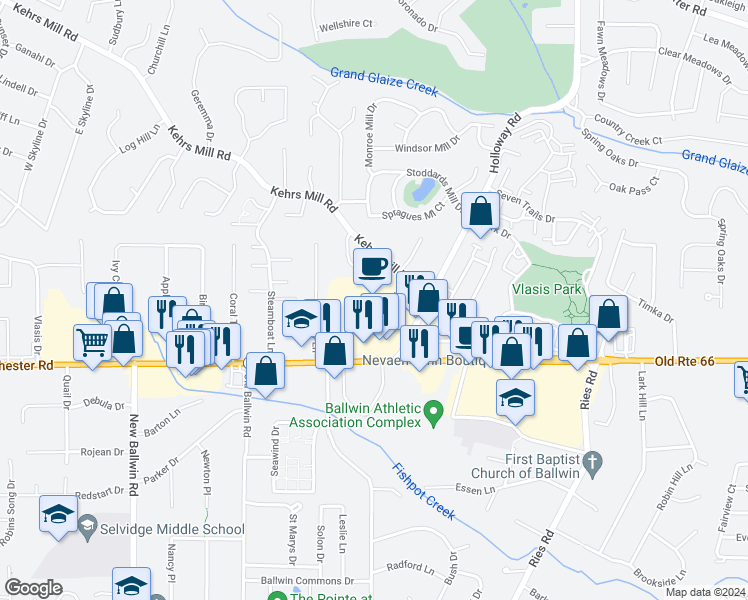 map of restaurants, bars, coffee shops, grocery stores, and more near 15025 Manchester Road in Ballwin