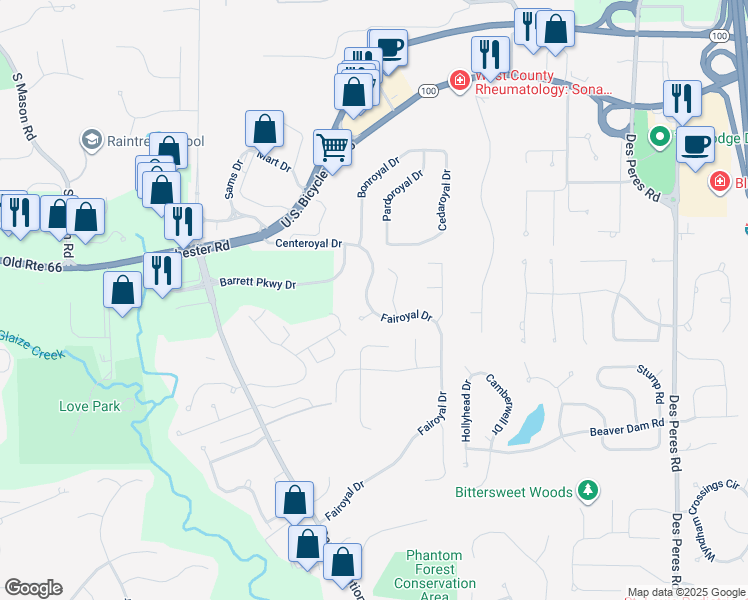 map of restaurants, bars, coffee shops, grocery stores, and more near 2258 Centeroyal Drive in Des Peres