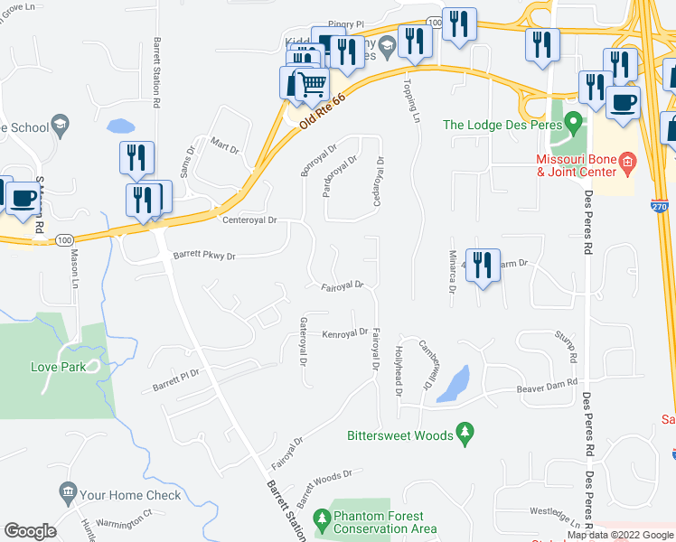 map of restaurants, bars, coffee shops, grocery stores, and more near 2256 Viewroyal Drive in Des Peres