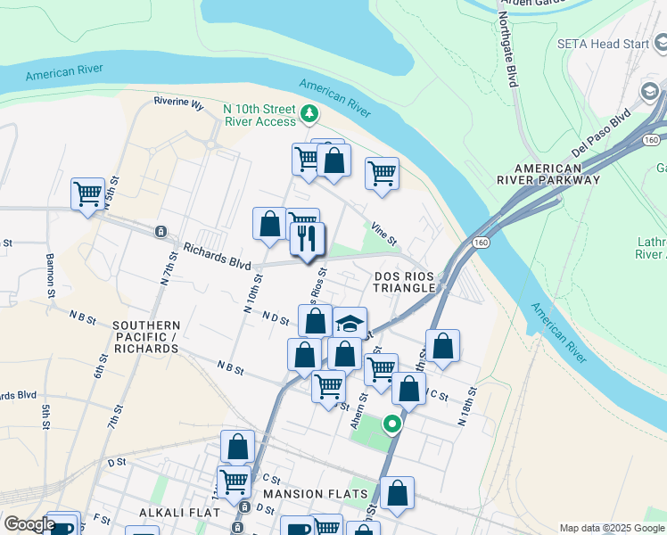 map of restaurants, bars, coffee shops, grocery stores, and more near in Sacramento
