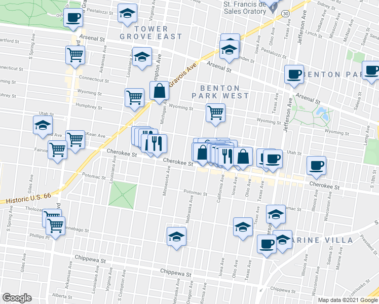 map of restaurants, bars, coffee shops, grocery stores, and more near 3331 Nebraska Avenue in St. Louis