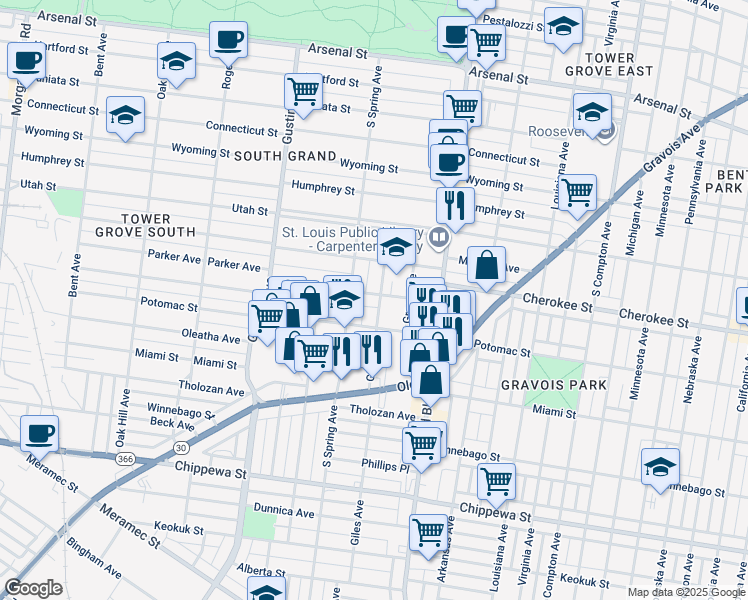 map of restaurants, bars, coffee shops, grocery stores, and more near 3660 Fairview Avenue in St. Louis
