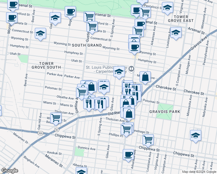 map of restaurants, bars, coffee shops, grocery stores, and more near 3455 South Spring Avenue in St. Louis