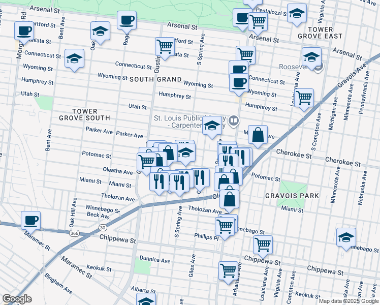 map of restaurants, bars, coffee shops, grocery stores, and more near 3455 South Spring Avenue in St. Louis