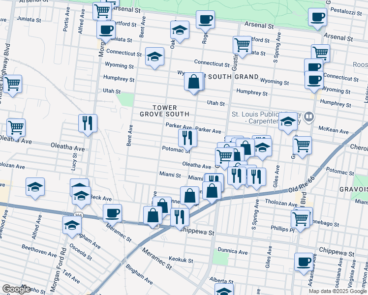 map of restaurants, bars, coffee shops, grocery stores, and more near 4033 Potomac Street in St. Louis