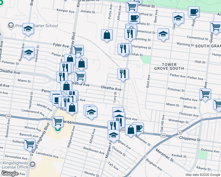 map of restaurants, bars, coffee shops, grocery stores, and more near 4333 Oleatha Avenue in St. Louis
