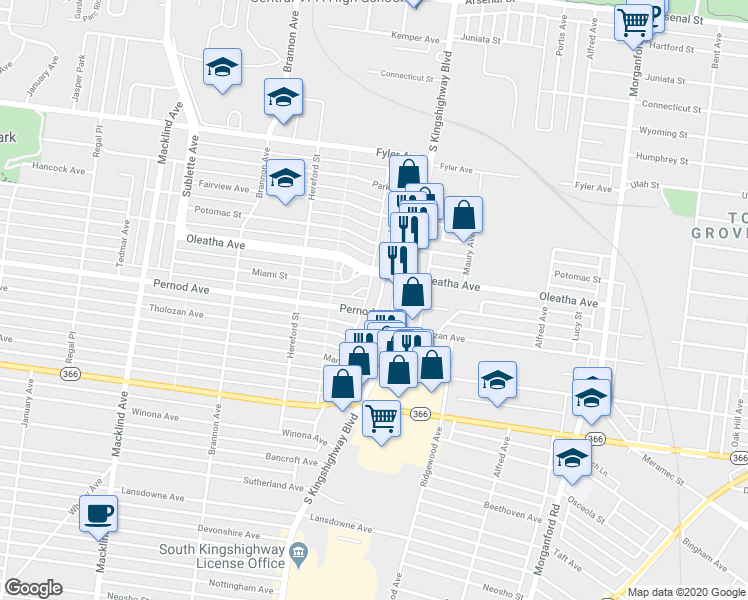 map of restaurants, bars, coffee shops, grocery stores, and more near 3531 Lawn Avenue in St. Louis