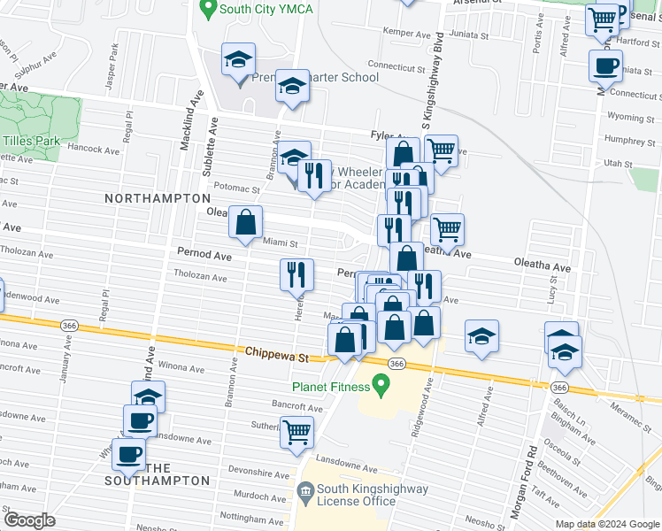 map of restaurants, bars, coffee shops, grocery stores, and more near 4963 Pernod Avenue in St. Louis