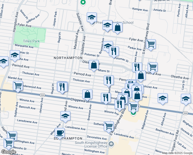 map of restaurants, bars, coffee shops, grocery stores, and more near 5200 Pernod Avenue in St. Louis
