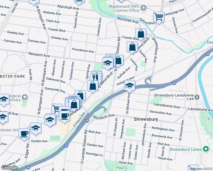 map of restaurants, bars, coffee shops, grocery stores, and more near 7864 Big Bend Boulevard in Webster Groves