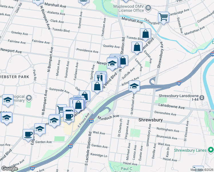 map of restaurants, bars, coffee shops, grocery stores, and more near 7864 Big Bend Boulevard in Webster Groves