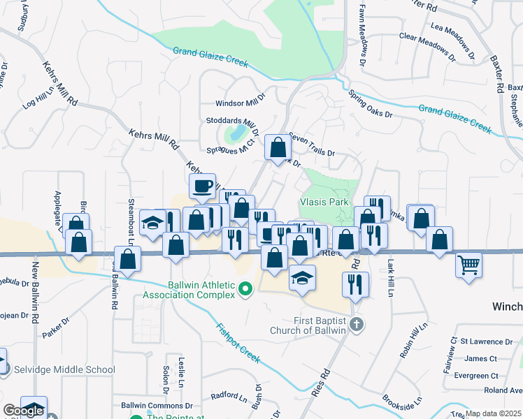 map of restaurants, bars, coffee shops, grocery stores, and more near 300 Kehrs Mill Bend Court in Ballwin