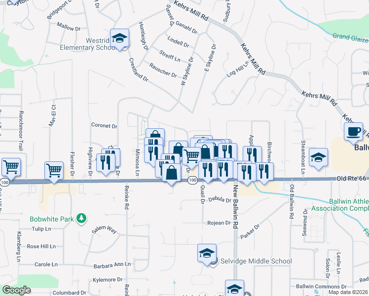 map of restaurants, bars, coffee shops, grocery stores, and more near 133 Romine Circle in Ballwin