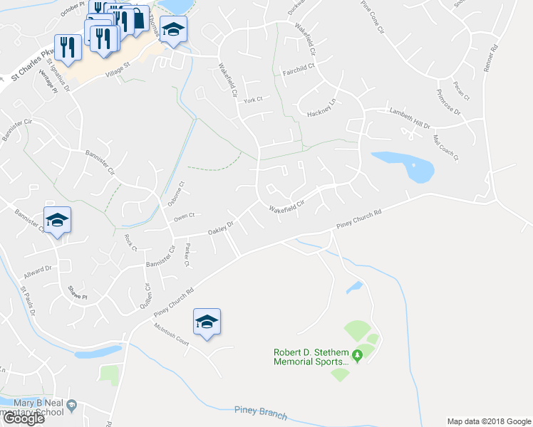 map of restaurants, bars, coffee shops, grocery stores, and more near 2538 Wakefield Circle in Waldorf