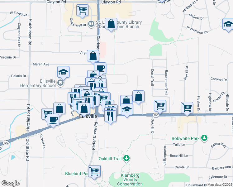 map of restaurants, bars, coffee shops, grocery stores, and more near 50 Devore Drive in Ellisville