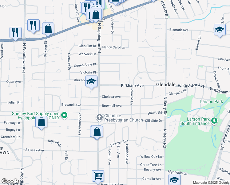 map of restaurants, bars, coffee shops, grocery stores, and more near 951 Chelsea Avenue in St. Louis