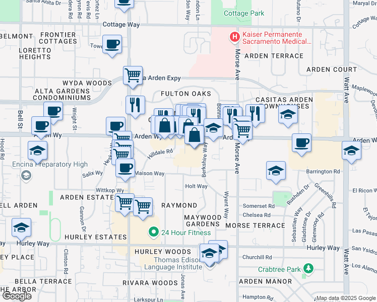 map of restaurants, bars, coffee shops, grocery stores, and more near 2856 Arden Way in Sacramento