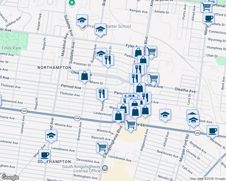 map of restaurants, bars, coffee shops, grocery stores, and more near 4969 Pernod Avenue in St. Louis