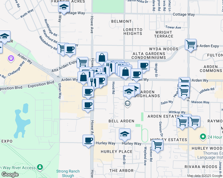 map of restaurants, bars, coffee shops, grocery stores, and more near 1621 Hood Road in Sacramento