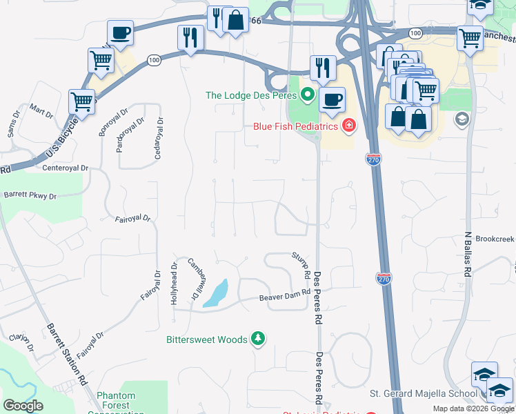 map of restaurants, bars, coffee shops, grocery stores, and more near 12876 4 Winds Farm Drive in Des Peres