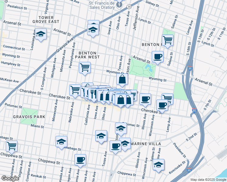 map of restaurants, bars, coffee shops, grocery stores, and more near 3305 Texas Avenue in St. Louis