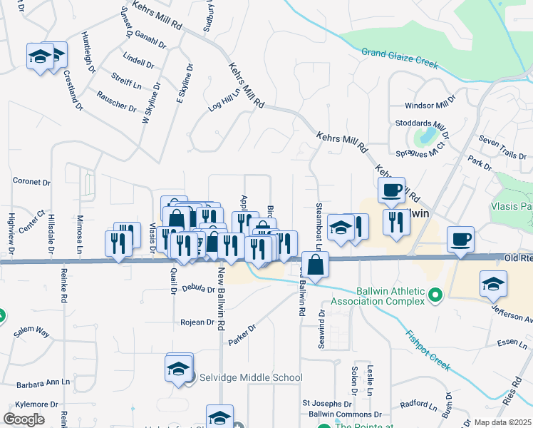 map of restaurants, bars, coffee shops, grocery stores, and more near 115 Birchwood Drive in Ballwin