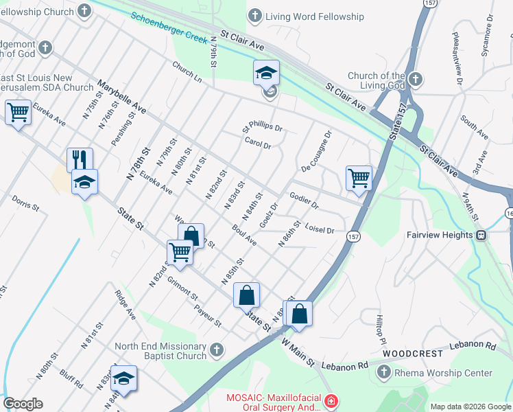 map of restaurants, bars, coffee shops, grocery stores, and more near 838 North 84th Street in East St. Louis