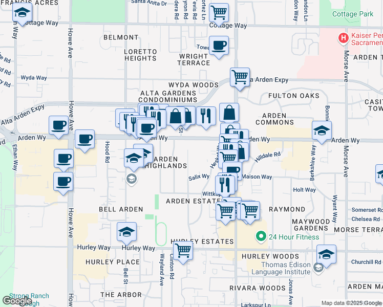 map of restaurants, bars, coffee shops, grocery stores, and more near 1618 Gannon Drive in Sacramento