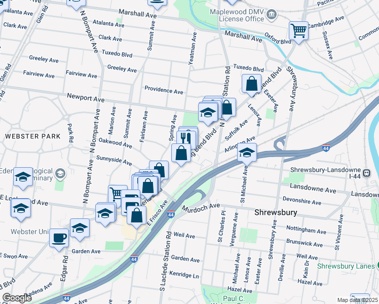 map of restaurants, bars, coffee shops, grocery stores, and more near 810 Dale Avenue in Webster Groves