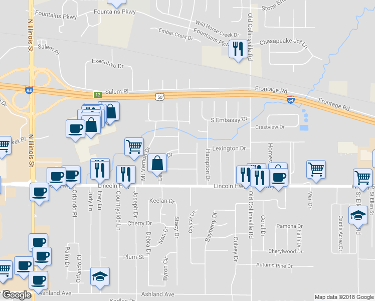 map of restaurants, bars, coffee shops, grocery stores, and more near 32 Lexington Drive in Fairview Heights