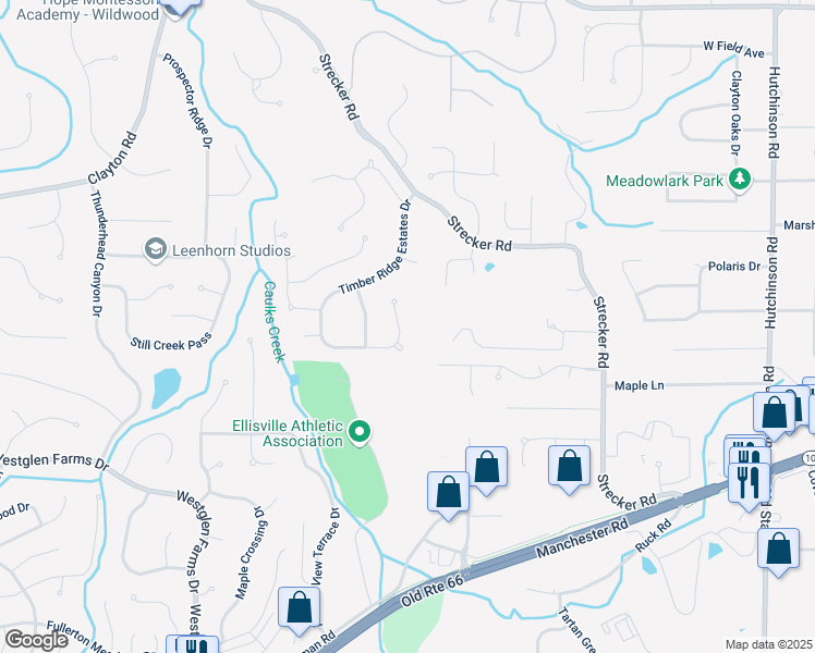 map of restaurants, bars, coffee shops, grocery stores, and more near 1775 Timber Ridge Estates Drive in Ballwin