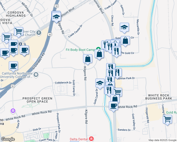 map of restaurants, bars, coffee shops, grocery stores, and more near 11120 Sun Center Drive in Rancho Cordova