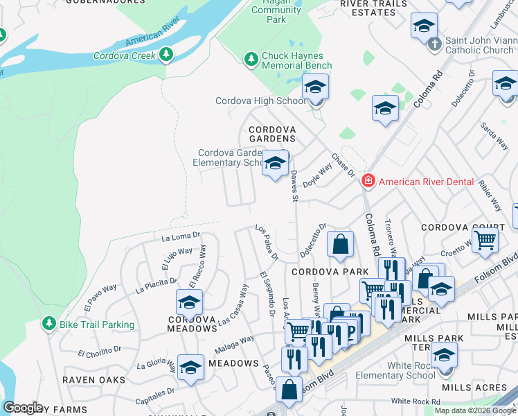 map of restaurants, bars, coffee shops, grocery stores, and more near 2418 Moraine Circle in Rancho Cordova
