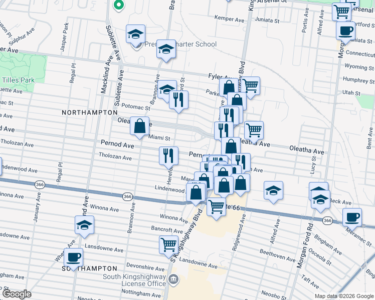 map of restaurants, bars, coffee shops, grocery stores, and more near 4963 Pernod Avenue in St. Louis