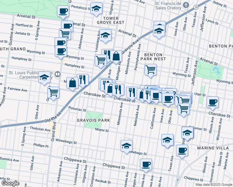 map of restaurants, bars, coffee shops, grocery stores, and more near 3344 Michigan Avenue in St. Louis
