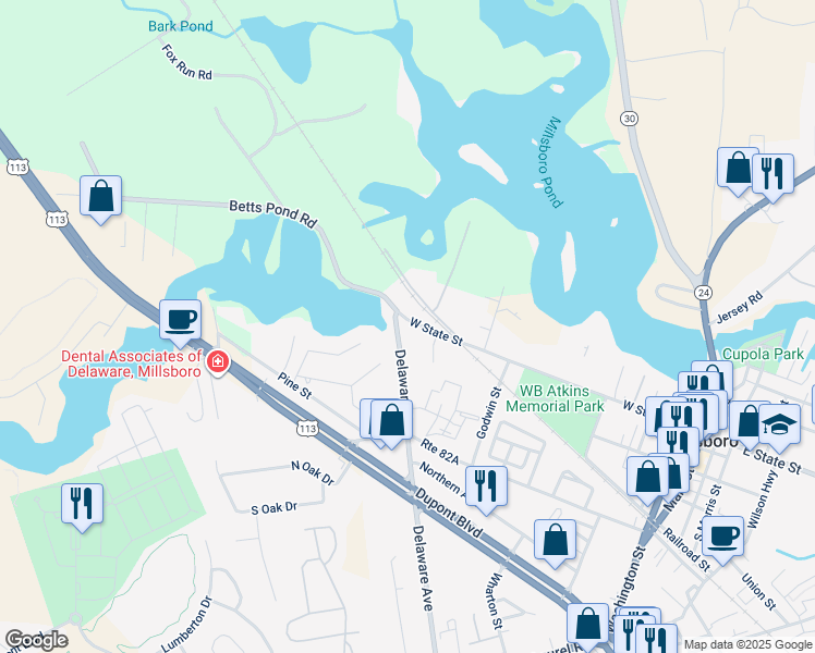 map of restaurants, bars, coffee shops, grocery stores, and more near 25 Mill Landing East in Millsboro