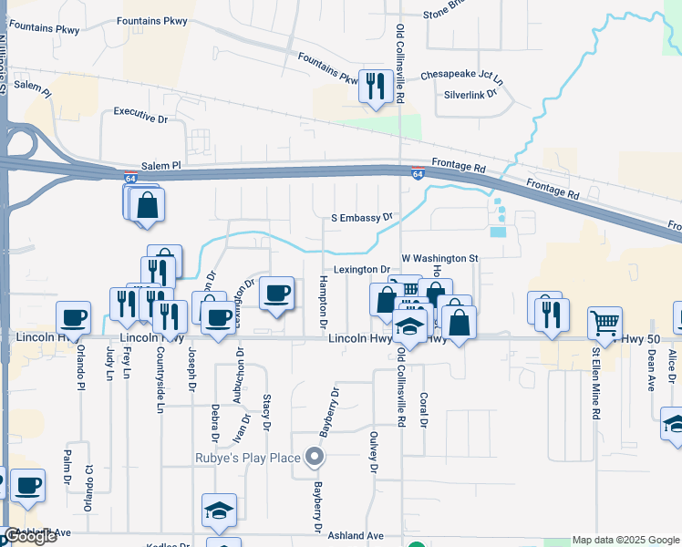 map of restaurants, bars, coffee shops, grocery stores, and more near 42 Crossroad Drive in Fairview Heights
