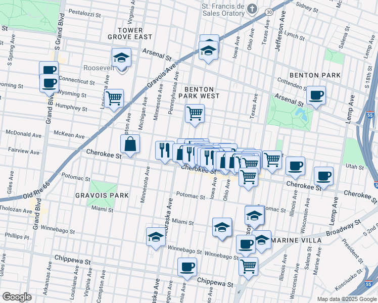 map of restaurants, bars, coffee shops, grocery stores, and more near 3325 Oregon Avenue in St. Louis