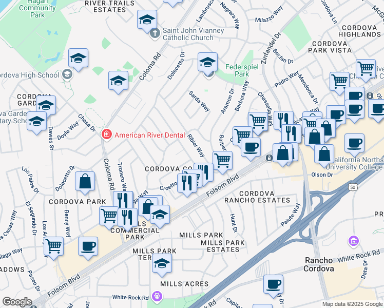 map of restaurants, bars, coffee shops, grocery stores, and more near 2629 Furmint Way in Rancho Cordova