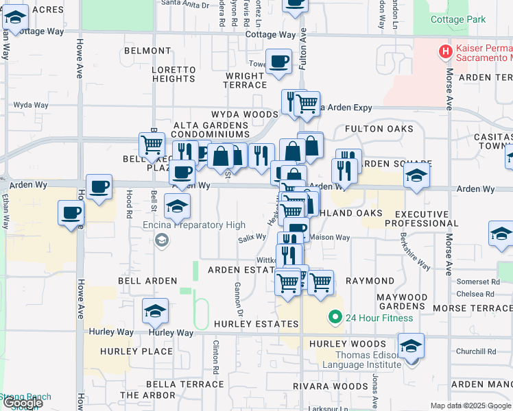 map of restaurants, bars, coffee shops, grocery stores, and more near 2424 Arden Way in Sacramento