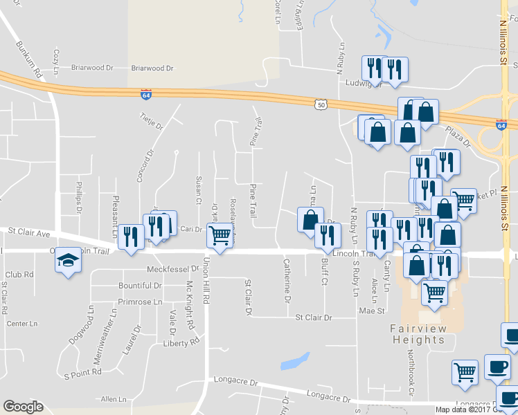 map of restaurants, bars, coffee shops, grocery stores, and more near 59 Pine Trail in Fairview Heights