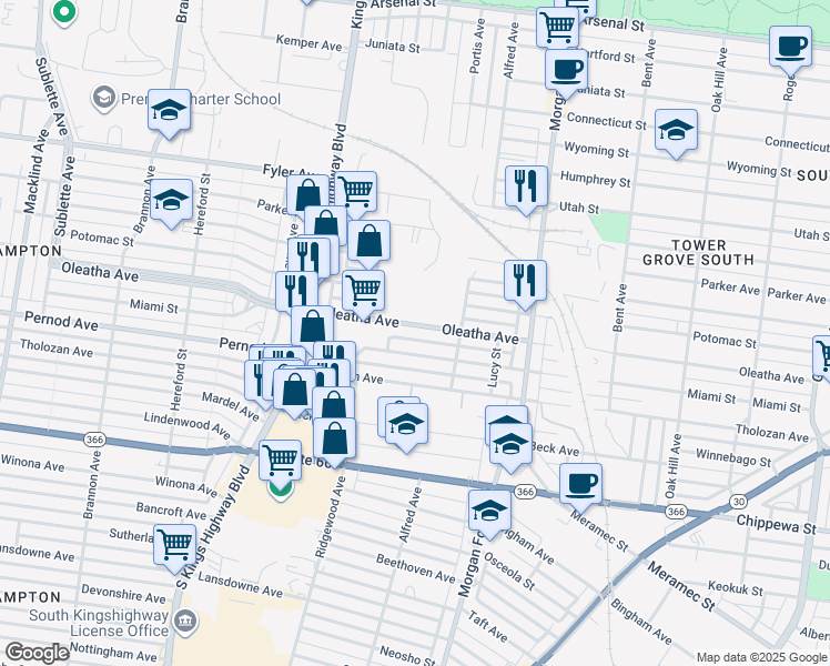 map of restaurants, bars, coffee shops, grocery stores, and more near 4446 Oleatha Avenue in St. Louis